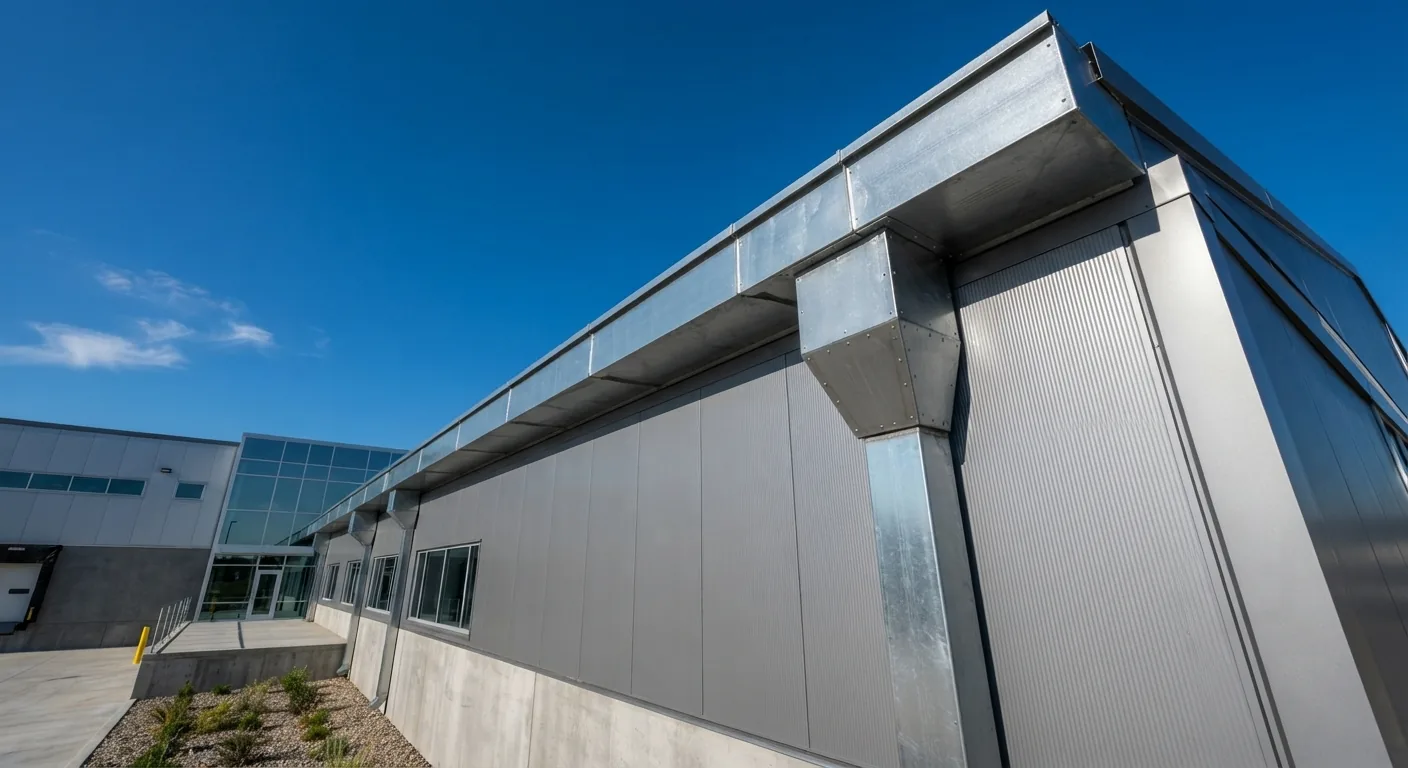 Heavy-duty 7-inch commercial box gutter and scupper system installed on a commercial facility in Mesquite, TX