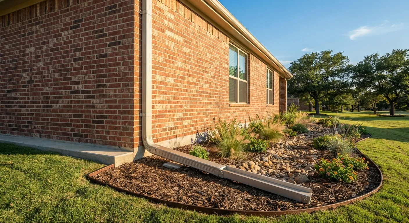 Oversized 3x4-inch aluminum downspout with hinged discharge extension mounted on a brick home in Mesquite, TX