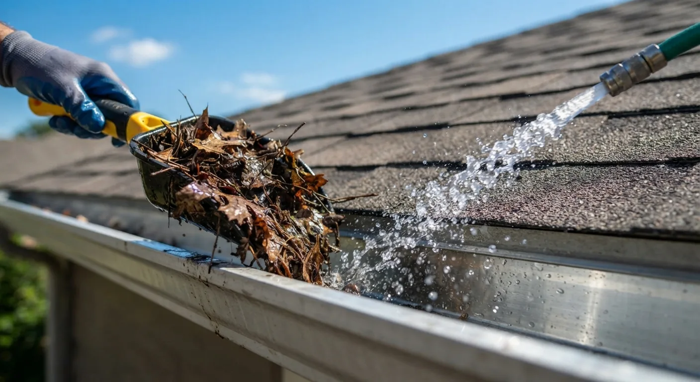 Gloved technician removing oak catkins and flushing residential gutter trough with clean water in Mesquite, TX