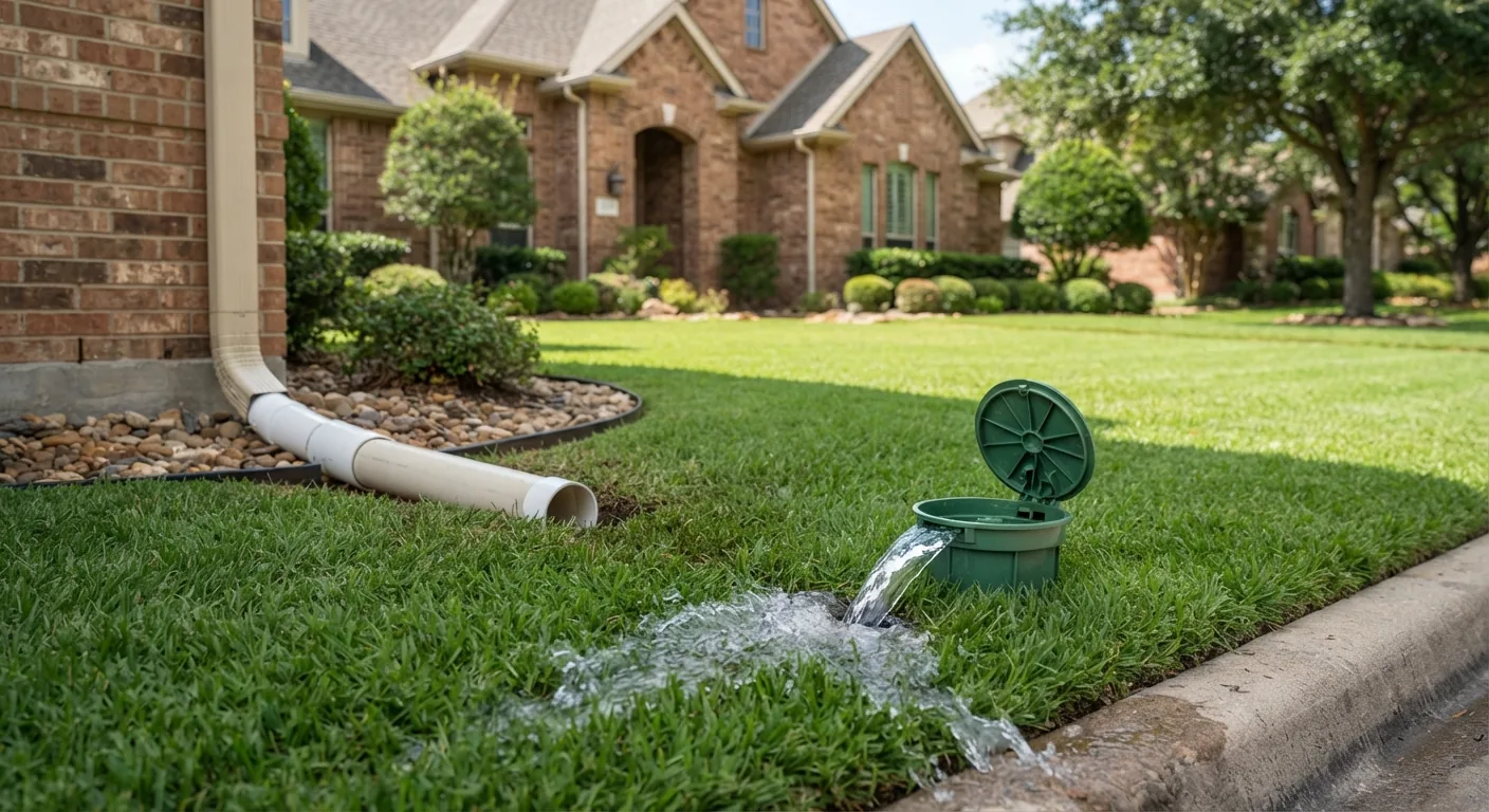 Underground gutter drainage pipe with pop-up discharge emitter directing storm runoff away from a home foundation in Mesquite, TX