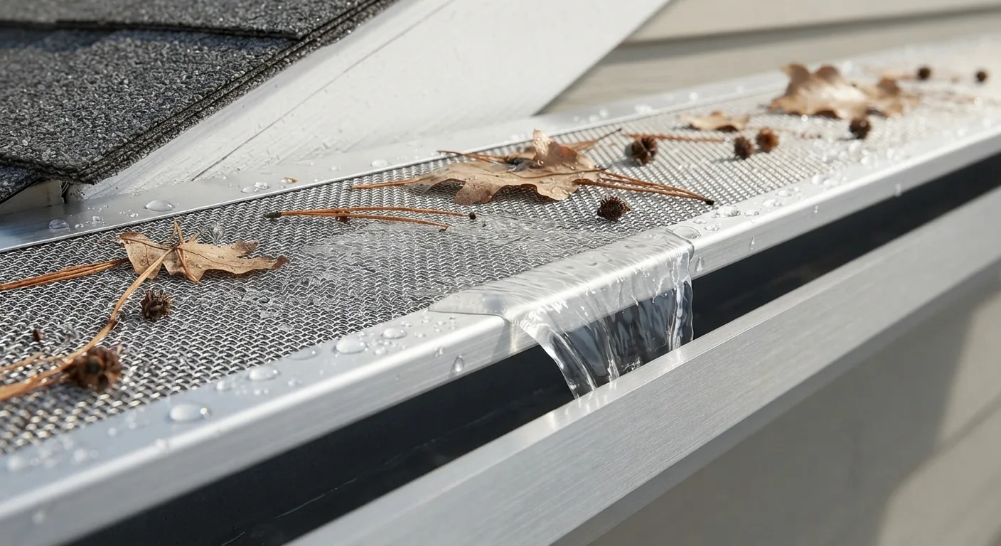Close-up view of surgical-grade stainless steel micro-mesh gutter guard filtering pine needles and oak catkins in Mesquite, TX