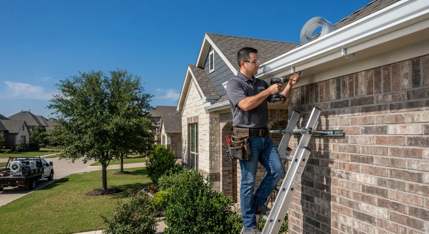 Professional exterior technician installing 6-inch white seamless aluminum gutters along the roof fascia in Mesquite, TX