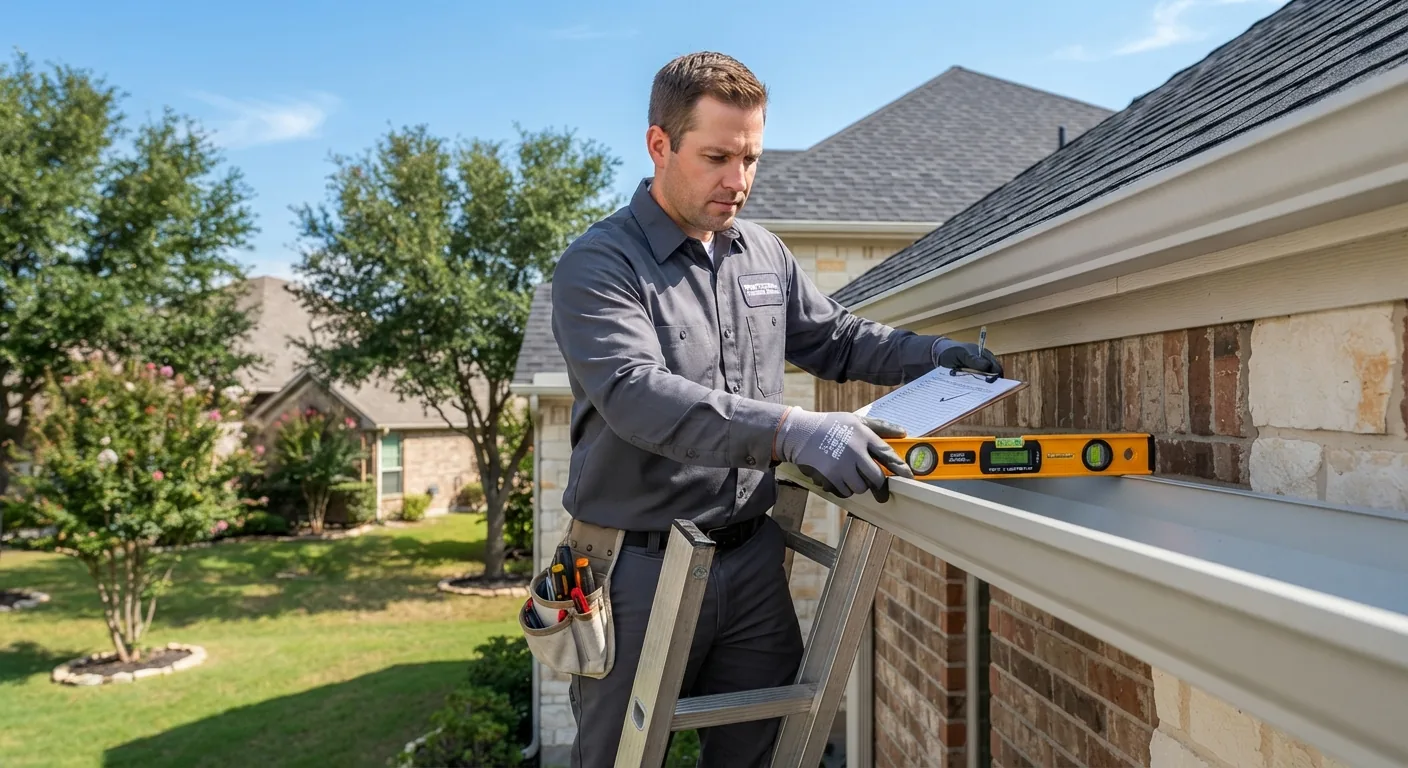 Professional exterior technician inspecting aluminum gutter pitch and concealed hangers on a Mesquite, TX home