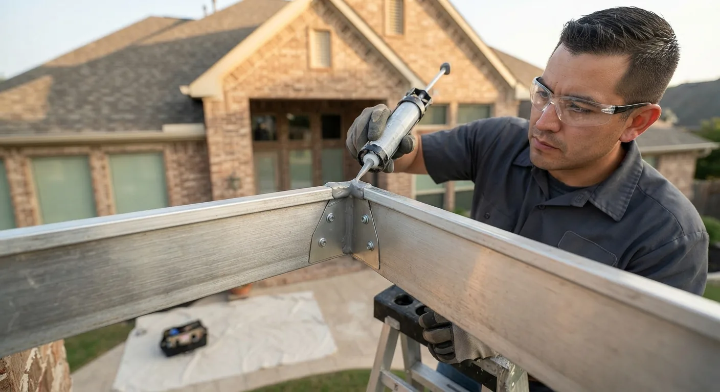 Technician applying commercial-grade elastomeric sealant to a leaking aluminum gutter corner miter in Mesquite, TX