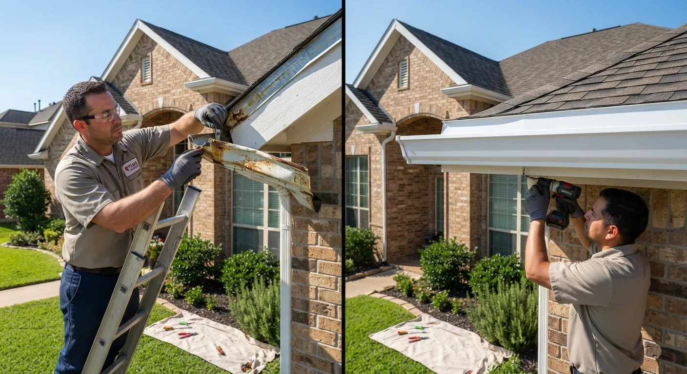 Tearing off old dented sectional gutters and installing heavy-duty seamless aluminum gutters with drip edge in Mesquite, TX