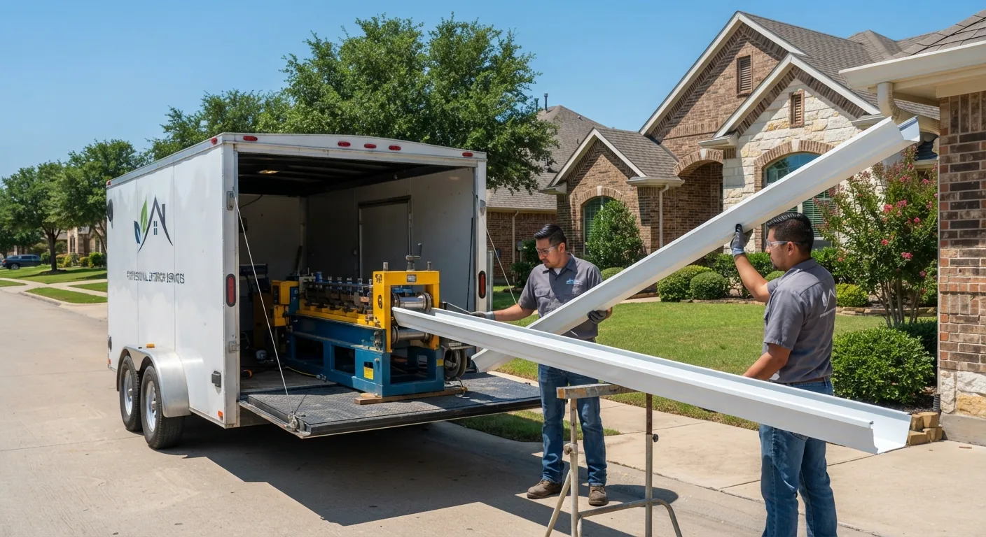 Continuous 6-inch seamless aluminum gutter being roll-formed on site from a mobile trailer in Mesquite, TX